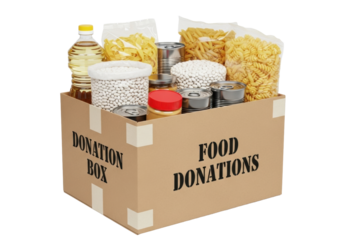 Box 'donation box' 'food donations', full of oil, pasta, beans, peanut butter, cans on white background, concept of community support and aid.