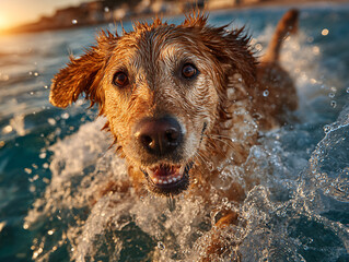 golden retriever swimming in the ocean, with water splashing around it and a golden sunset in the background.