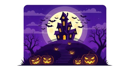 Vector spooky Halloween night with pumpkins, bats, and a haunted house under a full moon