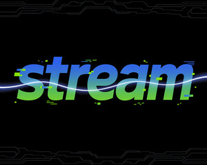 Vibrant Tech Typography Poster with Flowing Stream Text, Glitch Effects, and Neon Gradient