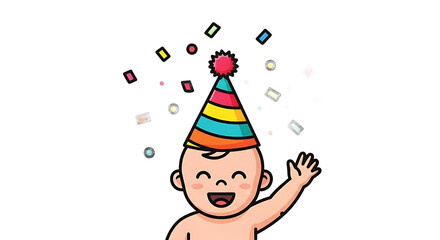Naklejka premium Adorable baby celebrates a joyous milestone with colorful confetti and a festive party hat, expressing pure happiness