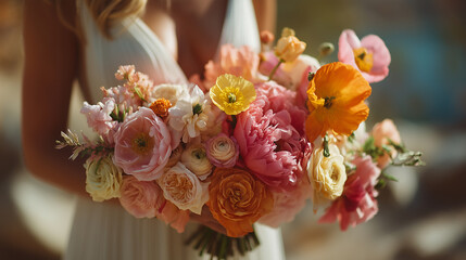 The bride, dressed in a white wedding gown, holds a bouquet of flowers.