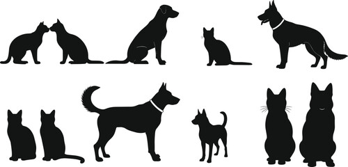 Silhouettes of cats and dogs in various poses, isolated on white background for pet, animal, design, logo, and educational use.