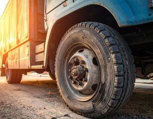 Fototapeta premium Close-up of truck tire and wheel at sunset
