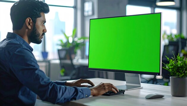 Focused Indian professional working on a desktop computer with a green screen display in a modern office environment