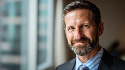 Fototapeta premium Confident businessperson in formal attire with a subtle smile, soft lighting highlighting professional demeanor.