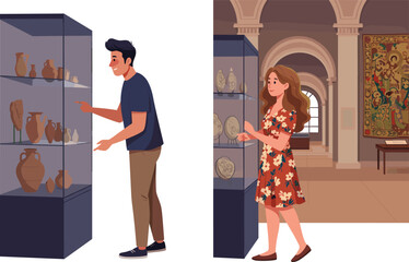 Man observing pottery artifacts in museum display, woman in floral dress examining ancient stone carvings, cultural heritage exhibition with classical architecture and tapestry illustration