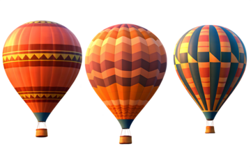 Three Hot Air Balloons With Geometric Patterns Against Background white image isolated on a transparent background