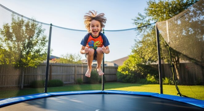 A young boy jumping on a trampoline in a backyard with a blue net.