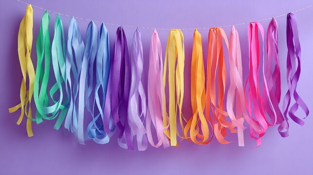 A colorful string of streamers hangs from a line