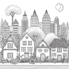Fototapeta premium Detailed City and Suburban Landscape Coloring Page