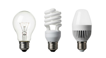 Photorealistic studio shot of incandescent, CFL, and LED light bulbs in progression, emitting warm to transparent light, on a transparent background, technological evolution concept