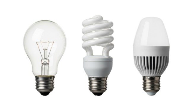 Photorealistic studio shot of incandescent, CFL, and LED light bulbs in progression, emitting warm to transparent light, on a transparent background, technological evolution concept