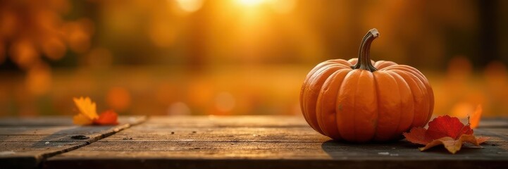 Autumn pumpkin, wooden farm table, golden hour, background, sunset