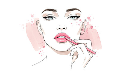 Stylish Woman Applying Pink Lipstick with Watercolor Background