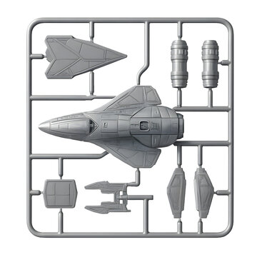 Detailed grey plastic model kit of spacecraft on a transparent background. Features a sprue with various parts, including the ship's body, wings, and engine components. Perfect for hobbyists.