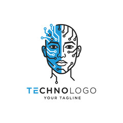 Artificial intelligence logo design with a human head and circuit board elements.