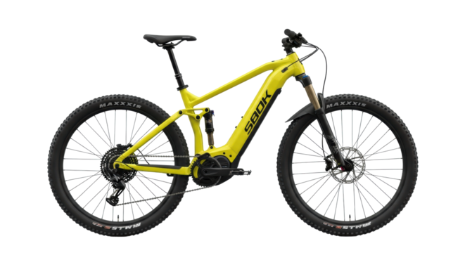 Clean bright yellow e-MTB with matte black/silver details, precise profile in high-key studio, transparent background with copy space, high-performance transport product concept