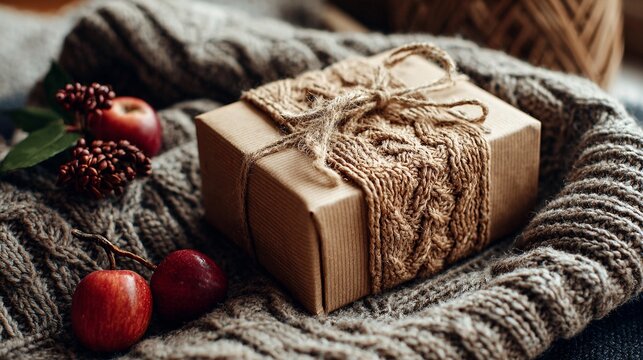 A brown box with a string tied around it is on top of a blanket