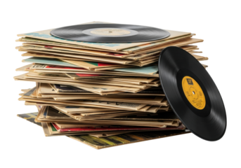 Overflowing stack of vintage 7-inch vinyl records in worn paper sleeves, glossy surfaces visible, retro designs, on transparent surface with copy space, soft studio light, tribute to vintage music