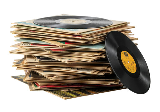 Overflowing stack of vintage 7-inch vinyl records in worn paper sleeves, glossy surfaces visible, retro designs, on transparent surface with copy space, soft studio light, tribute to vintage music