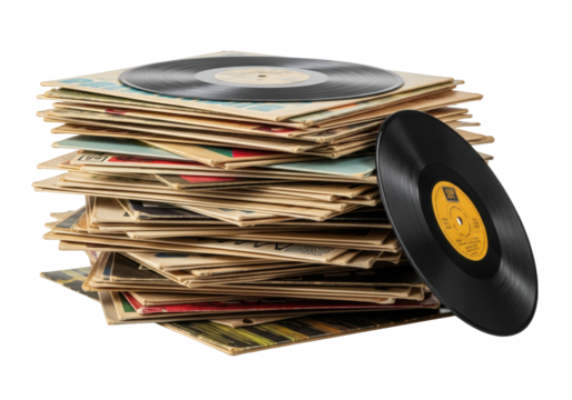 Overflowing stack of vintage 7-inch vinyl records in worn paper sleeves, glossy surfaces visible, retro designs, on transparent surface with copy space, soft studio light, tribute to vintage music