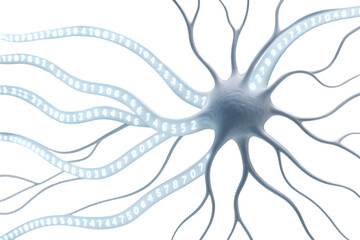 A digital neuron cell with binary code flowing through its structure against a transparent backdrop, ideal for tech and science visuals.