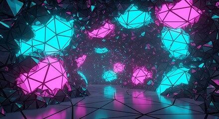 Abstract geometric shapes with neon lighting in a dark, futuristic setting.