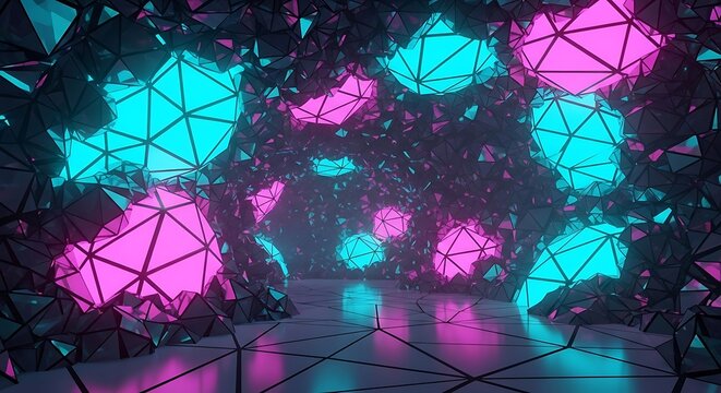 Abstract geometric shapes with neon lighting in a dark, futuristic setting.