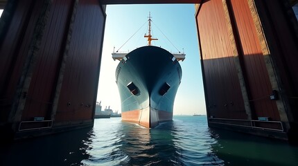Cargo ship entering the port through the lock gates maritime transport commercial shipping vessel waterway travel