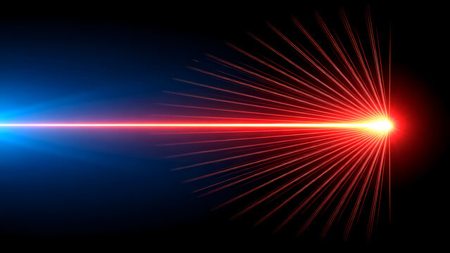 Red laser beam transitions from blue glow—converging into radiant burst with spectral velocity and ignition.
