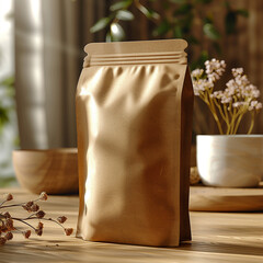Recyclable food pouch package standing on kraft paper with minimal style