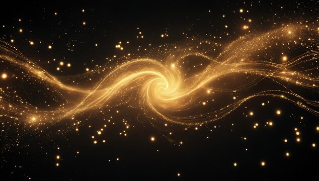 Glowing golden dust swirls over a deep black background, radiating soft cosmic light and weaving an ethereal, mysterious aura.
