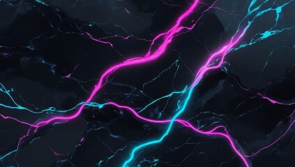Glossy black marble with glowing neon pink and cyan veins twisting in organic patterns, radiating a vibrant, ethereal glow against dark grey undertones.
