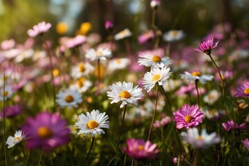 Fototapeta premium Springtime meadow filled with white and pink daisies under the sun