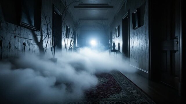 Eerie Haunted Hallway: Creepy Fog, Shadows, and Mysterious Atmosphere