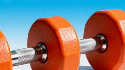 Close-up of orange dumbbells with metallic handles against a blue background