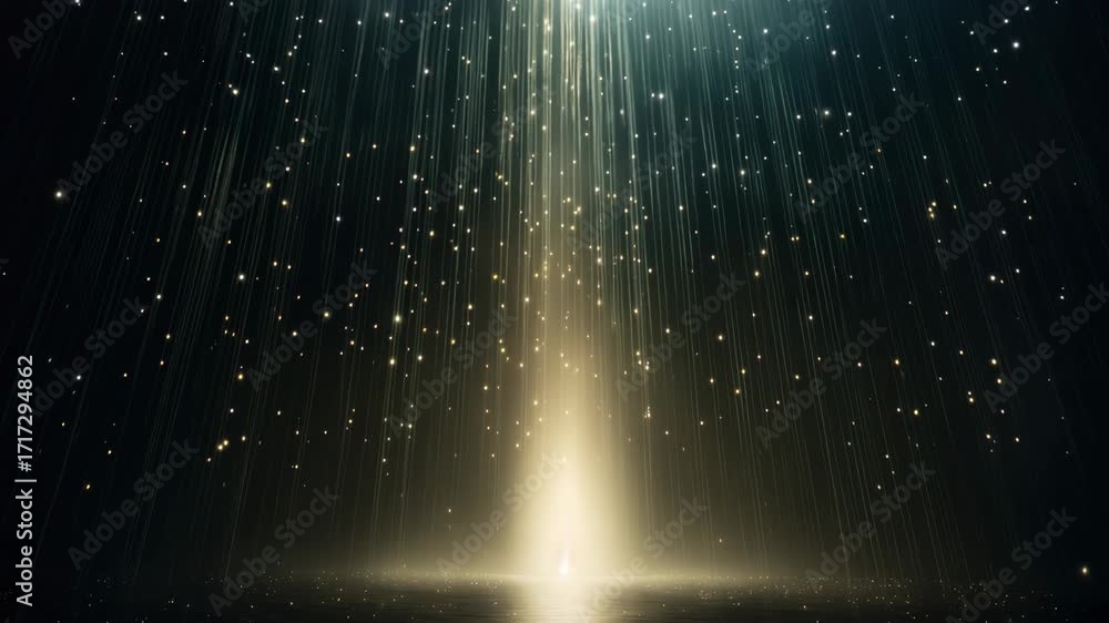 Poster a mesmerizing vertical video shot of cascading light beams resembling stars, creating a celestial am
