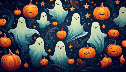 Obraz premium かぼちゃとおばけが散りばめられた楽しいハロウィンパターン