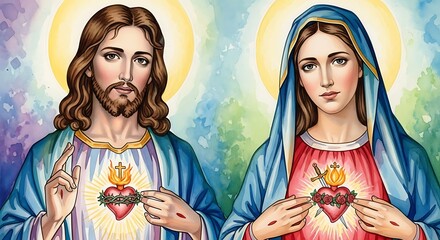 Jesus and Mary with Sacred Hearts on Their Chests – Christian Religious Vector Illustration Symbolizing Divine Love and Compassion