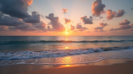 Fototapeta premium Beautiful beach sunrise ocean waves sand clouds peaceful morning scenery nature photography travel destination