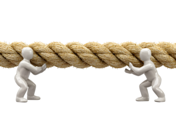 Two stylized figures in white pulling opposite sides of a thick brown rope, set against a transparent backdrop. Illustrates teamwork and cooperation.