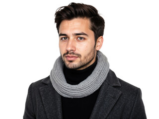 Young man poses confidently in stylish winter attire against a plain backdrop