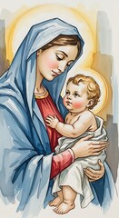 Madonna and Child Watercolor – Beautiful Hand-Painted Christian Art of Virgin Mary Holding Baby Jesus, Religious Religious Illustration