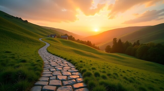 Beautiful landscape scenic view of green hills with stone path at sunset travel photography wallpaper hd nature