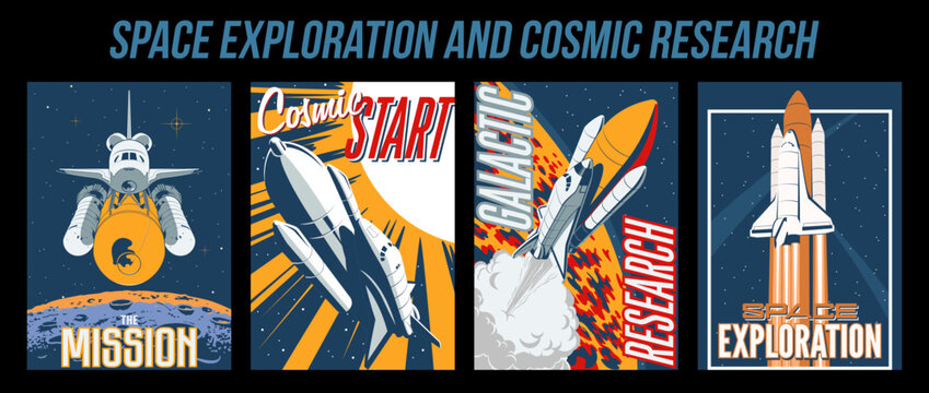 Space Exploration and Cosmic Research. Space Posters with Launching Shuttles, Planets, Sun, Orbit and Stars 