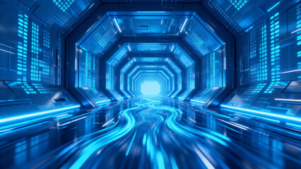 Futuristic blue-lit tunnel with glowing hexagonal structure and motion blur effect