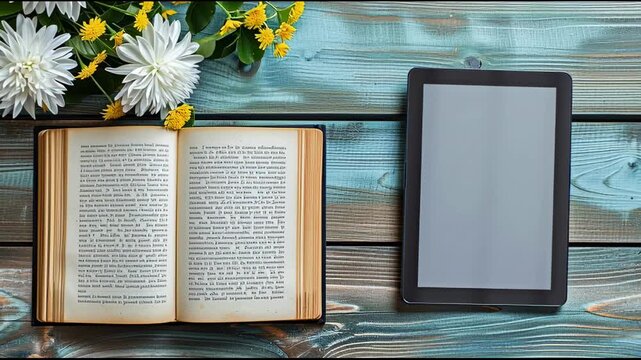Serene Floral-Framed Contrast of Time-worn Book and Modern Tablet on Distressed Green-Blue Wood Surface
