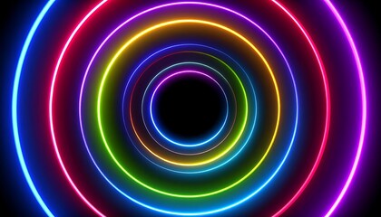 Concentric neon-colored glowing rings against a black background, creating a tunnel effect with vibrant hues