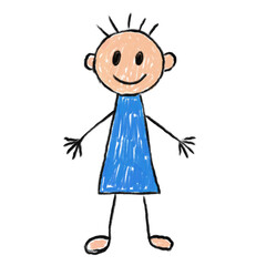 Charming child's drawing of a happy stick figure person in a blue dress brings simple joy and creativity to any project.